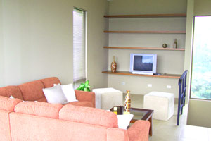 The living room has built-in shelving and view windows.